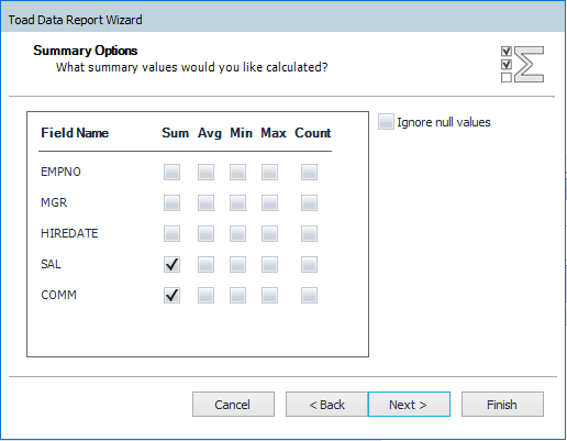Data preparation summary options in Toad Data Point Report Wizard