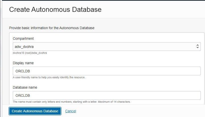 Figure 3. Basic Information for creating a new Oracle Autonomous Database instance.