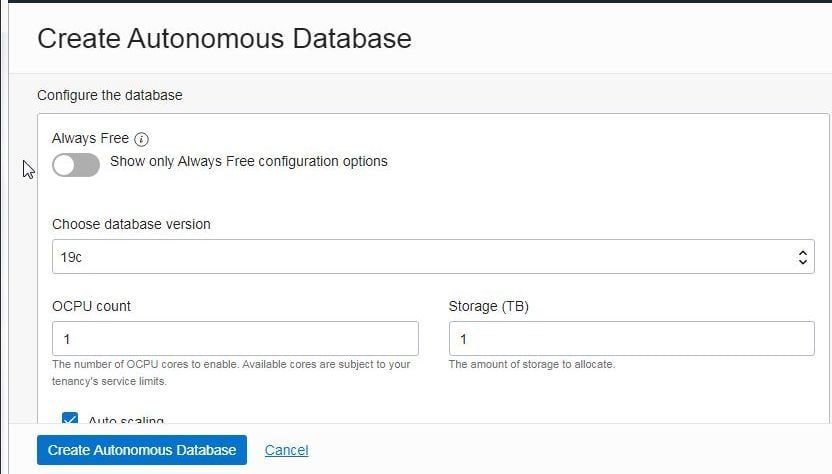 Figure 5. Configure the database>Always Free Toggle OFF.