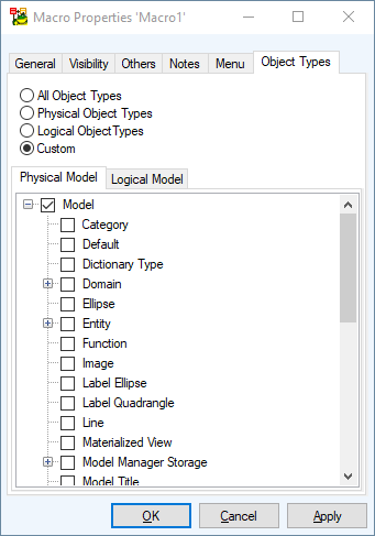 Screen shot showing Macro Properties ‘Macro1’ Object Types tab.