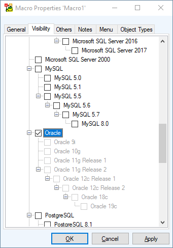 Screen shot showing Macro Properties ‘Macro1’ Visibility tab, Oracle.