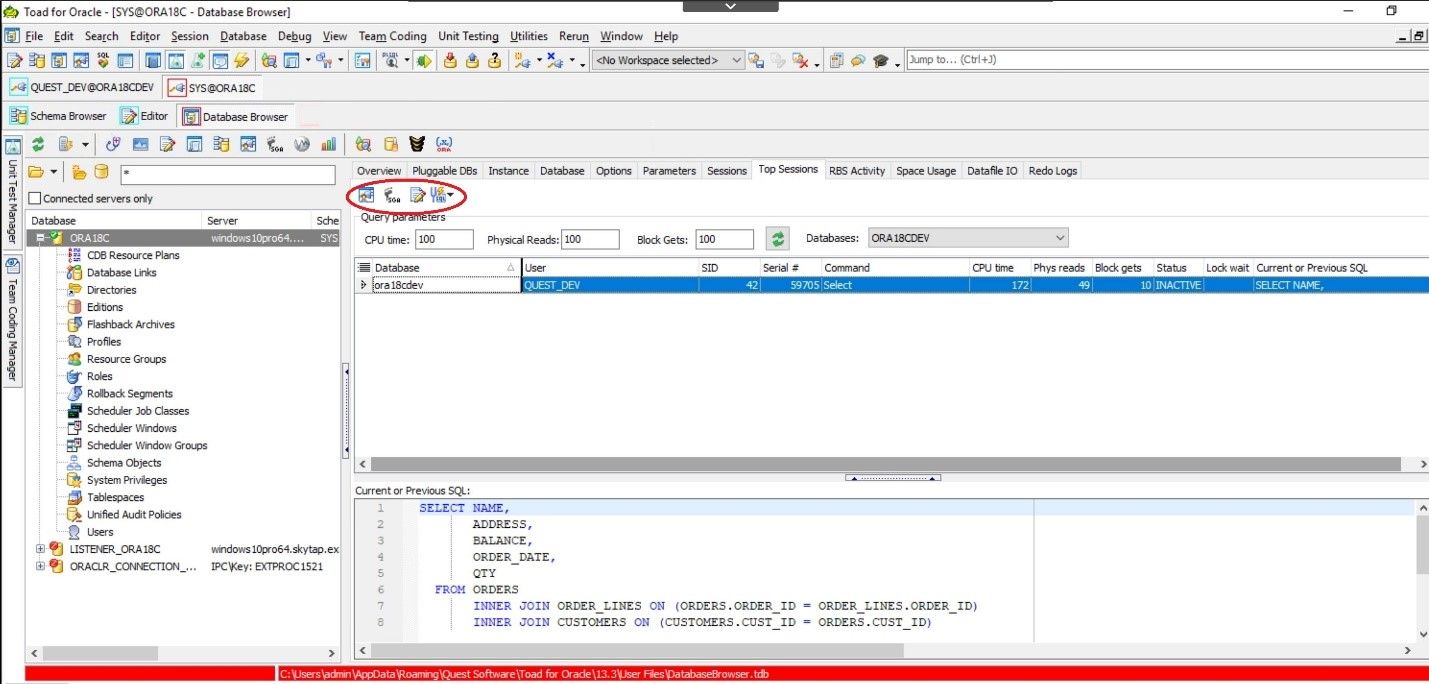 Toad for Oracle. Database Browser. Top Sessions tab allows you to view the sessions that are using the most resources.