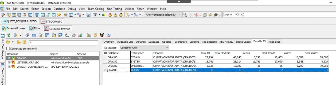 Toad for Oracle. Database Browser. The next tab on the Database Browser is Datafile I/O.  This screen gives you an overview of the I/O for each tablespace.