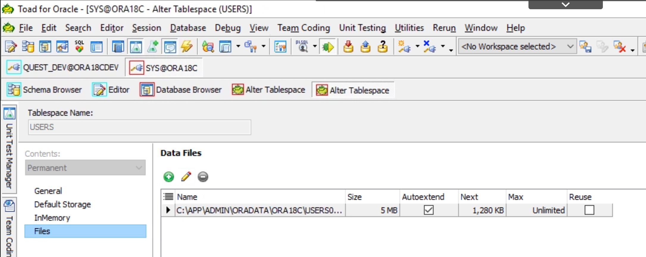 Toad for Oracle. Database Browser. Alter Tablespace’ allows you to view tablespace information in multiple fashion to help you drill down.