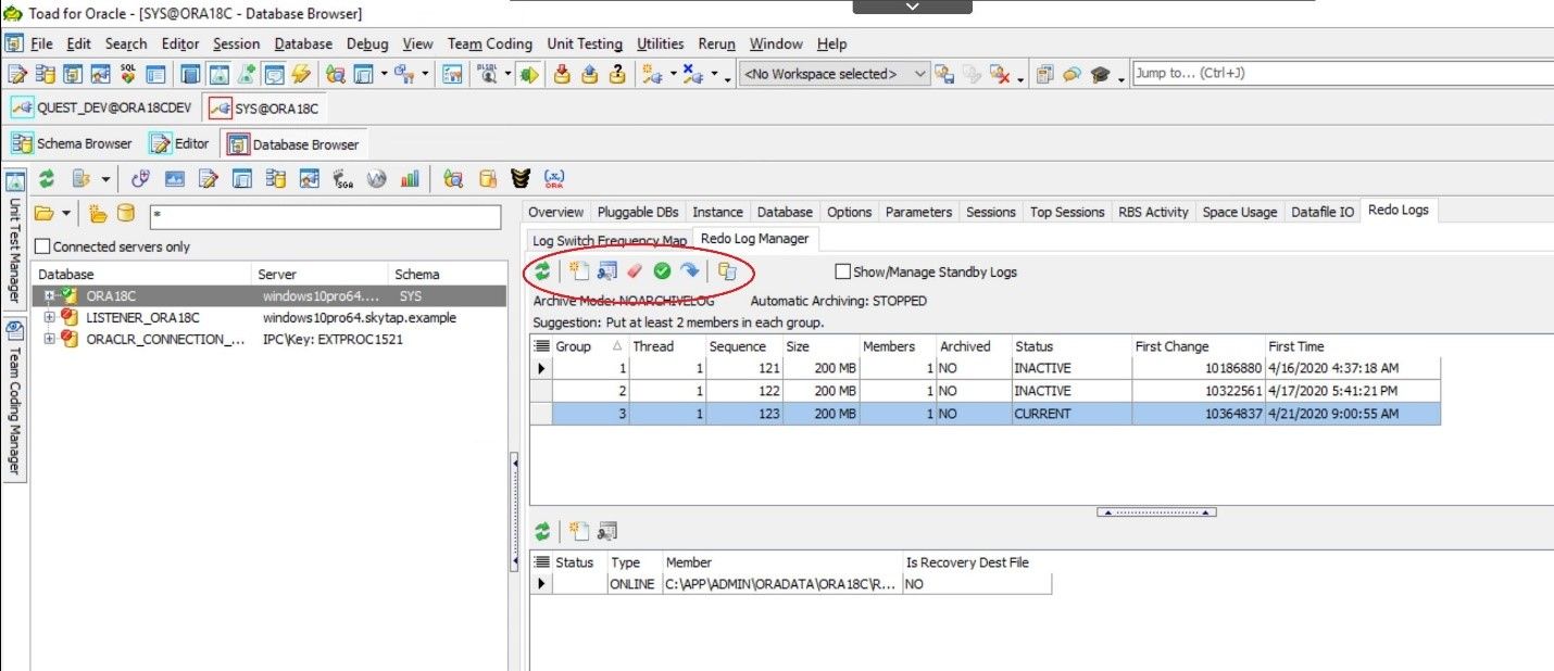 Toad for Oracle. Database Browser. Log Switch Frequency Map tab helps you manage your redo logs.