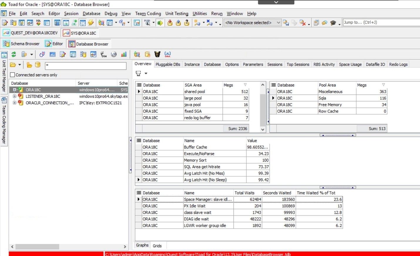 Toad for Oracle. Database Browser showing grid view.