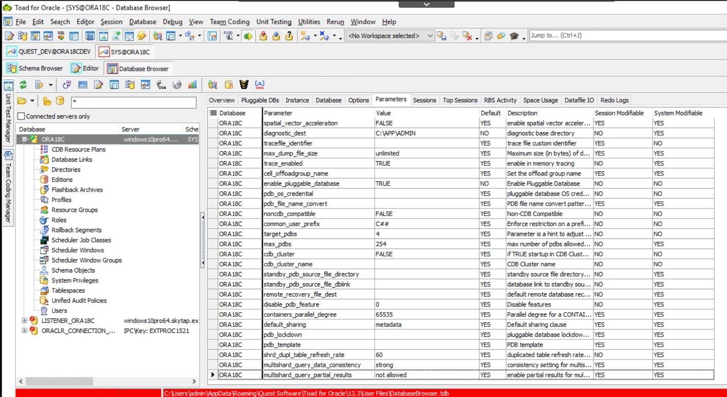 Toad for Oracle. Database Browser>Parameters.