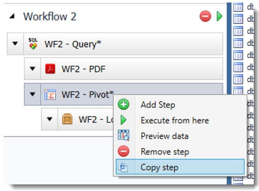 Menu showing workflow step, copy step.  What's new in Toad Data Point Workbook 5.1.3.