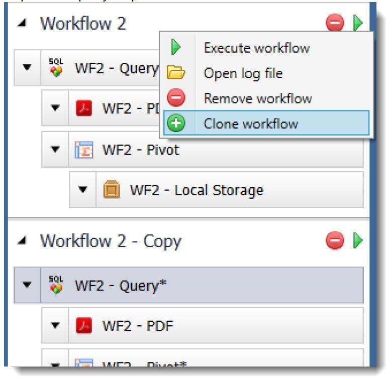 Menu showing Workflow, clone workflow.  What's new in Toad Data Point Workbook 5.1.3.