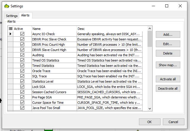 Toad for Oracle Database Probe options alerts tab