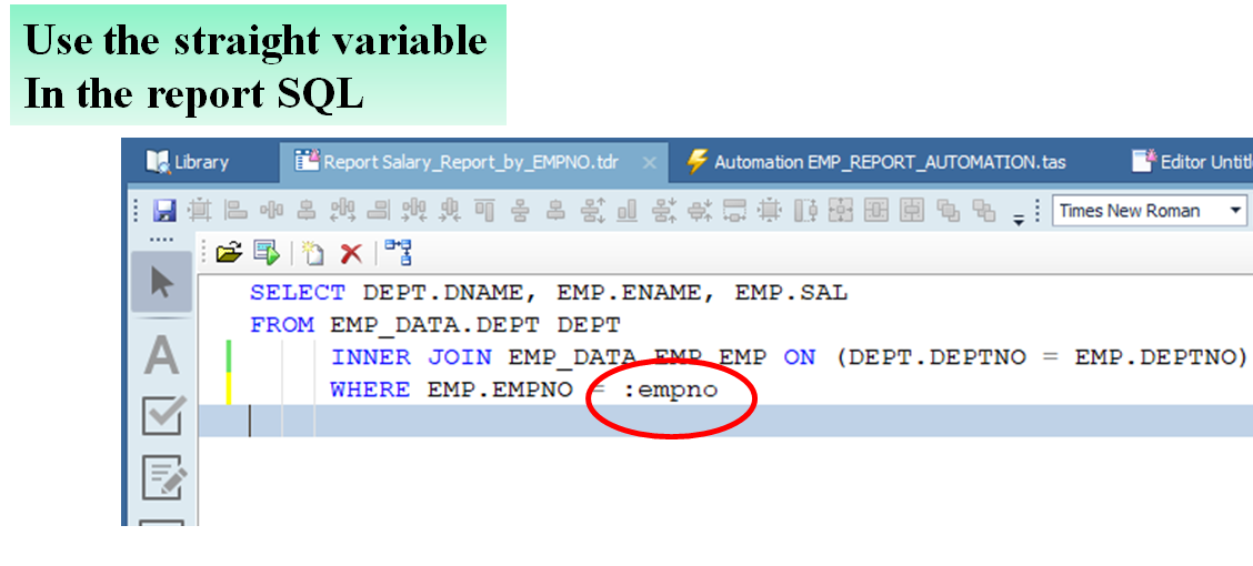 Toad Data Point Automation Data Set Variable Setup inside the Report