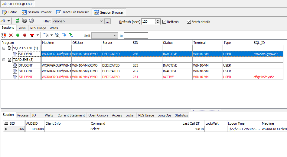 Toad for Oracle DBA Edition Session Browser