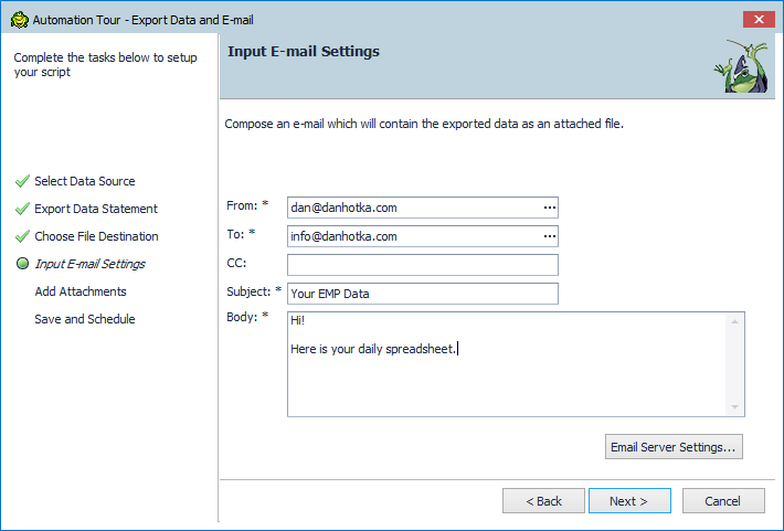 Input email settings in the Toad Data Point Automation Wizard