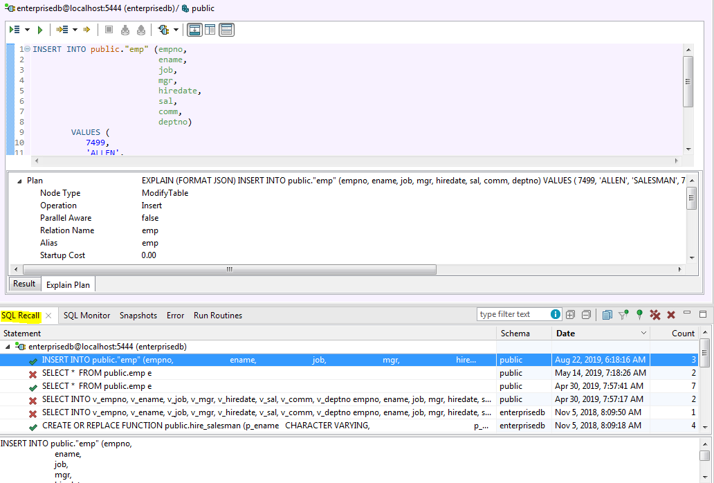 Screen shot of Toad for Oracle automatic SQL Recall feature