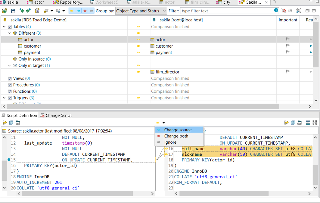 Screen shot of Toad for Oracle Schema Comparison feature.