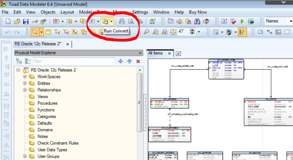 Screen shot  of Run Convert feature of Toad Data Modeler gives you the ability to convert your existing database structure into another database source with the click of a button.