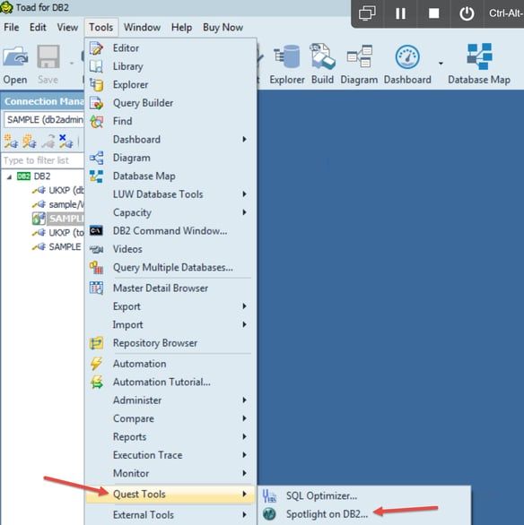 From Toad for Db2 go to tools, then Quest Tools and select Spotlight on Db2.