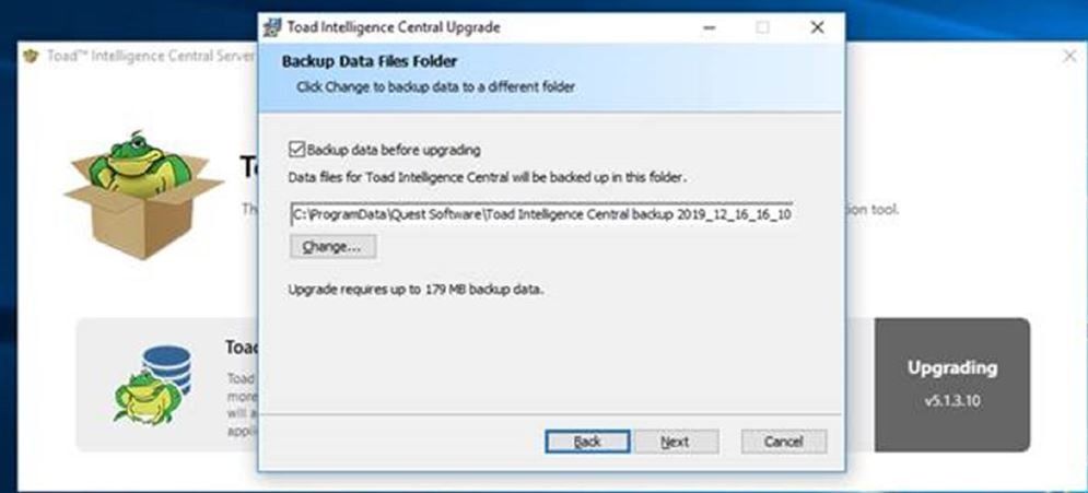 Screen shot of Toad Intelligence Central, auto backup.