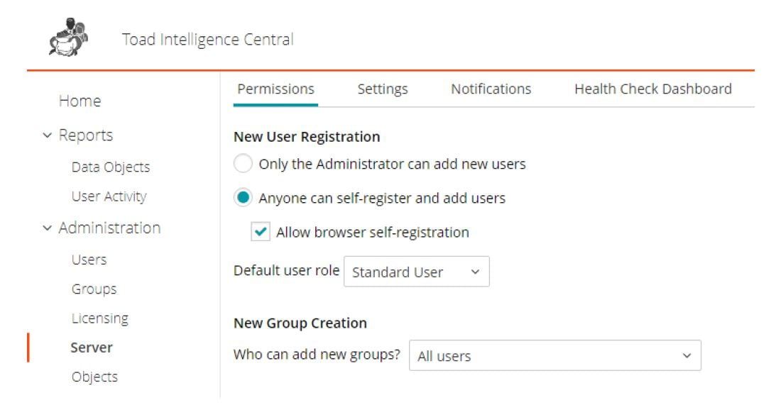 Screen shot of Toad Intelligence Central admin users can specify which user roles can create user groups.