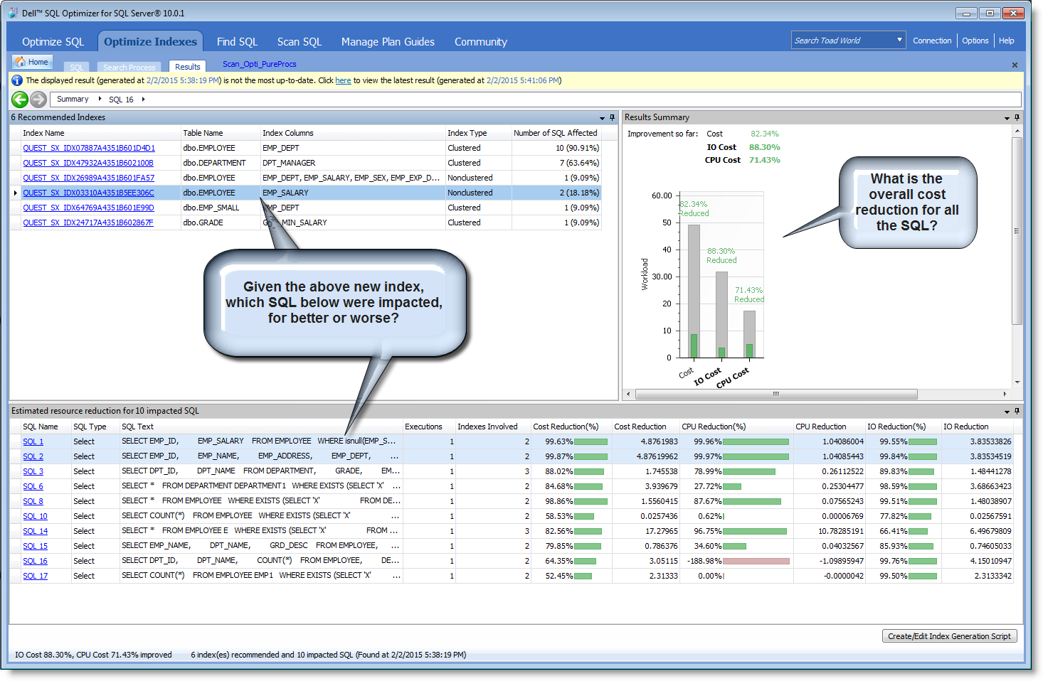 Using virtual indexes, which have negligible impact on production databases, SQL Optimizer can assess the performance impact of such indexes on your SQL workload.