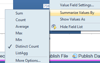 Distinct count, select Summarize Values By.