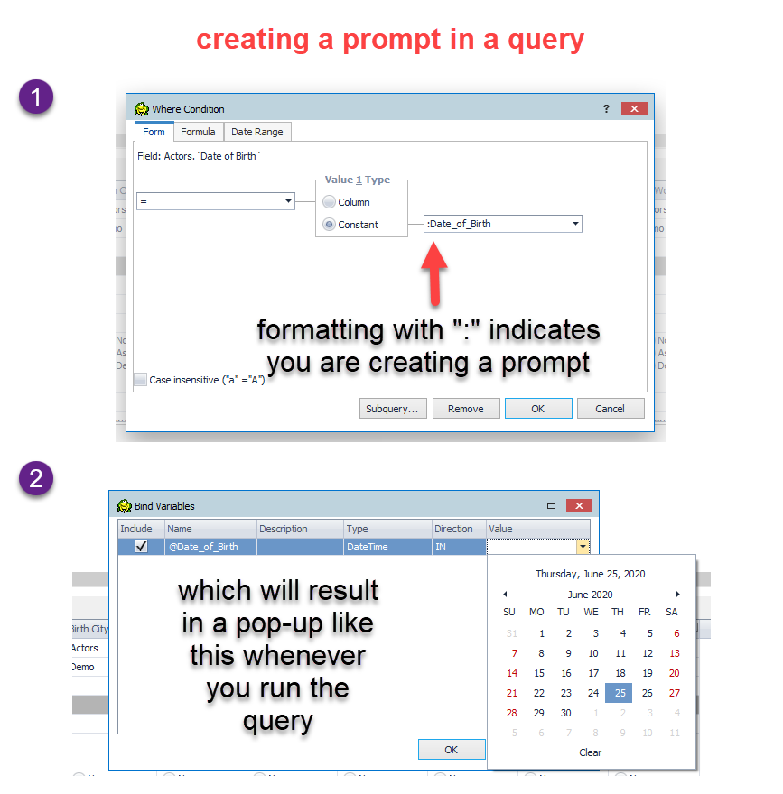 At the Form tab, if you format with a colon (:), that indicates you are creating a prompt., which will result in a pop-up whenever you run the query.