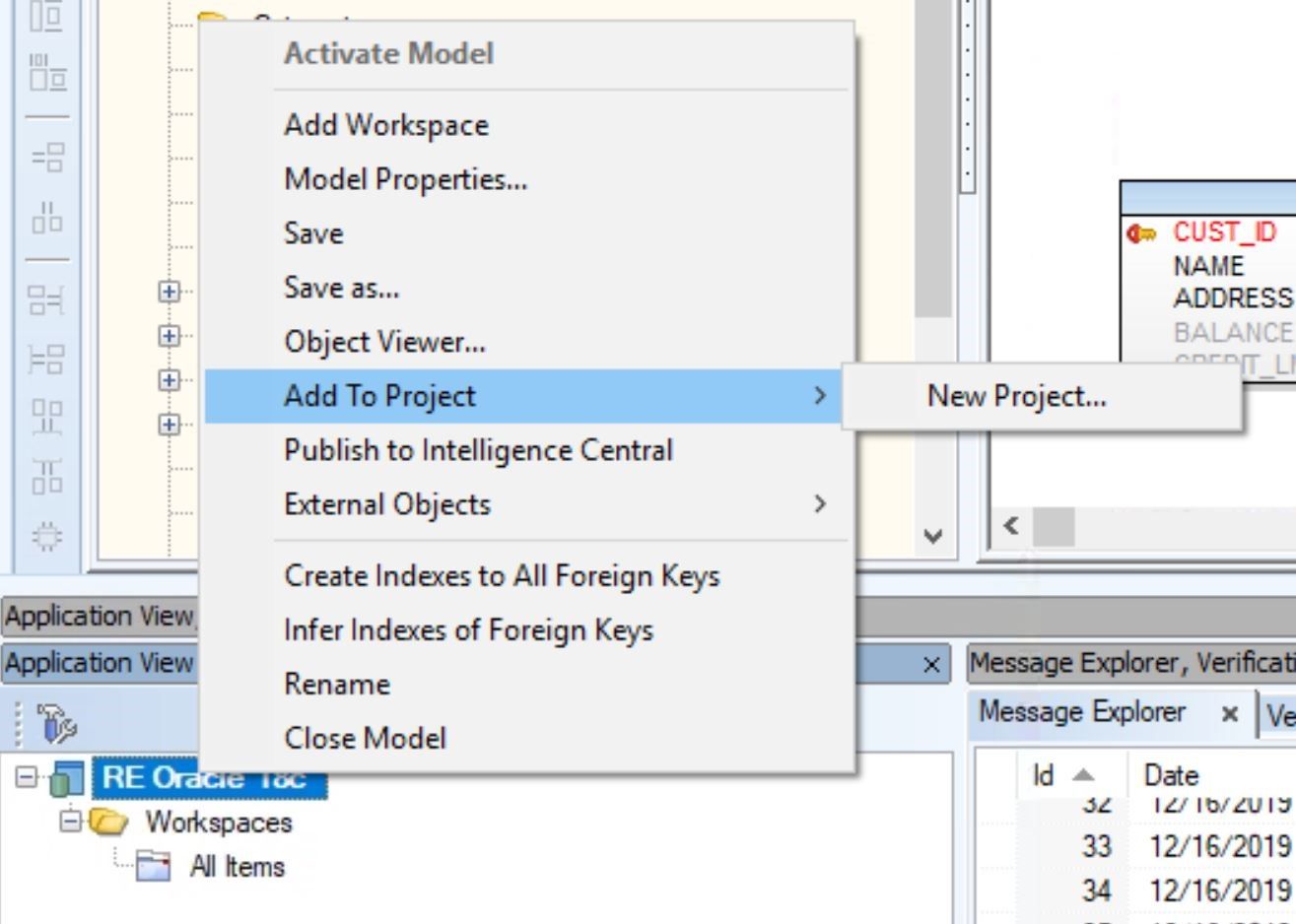 Screen shot Toad Data Modeler to create a new project. Choose add to project from the menu.
