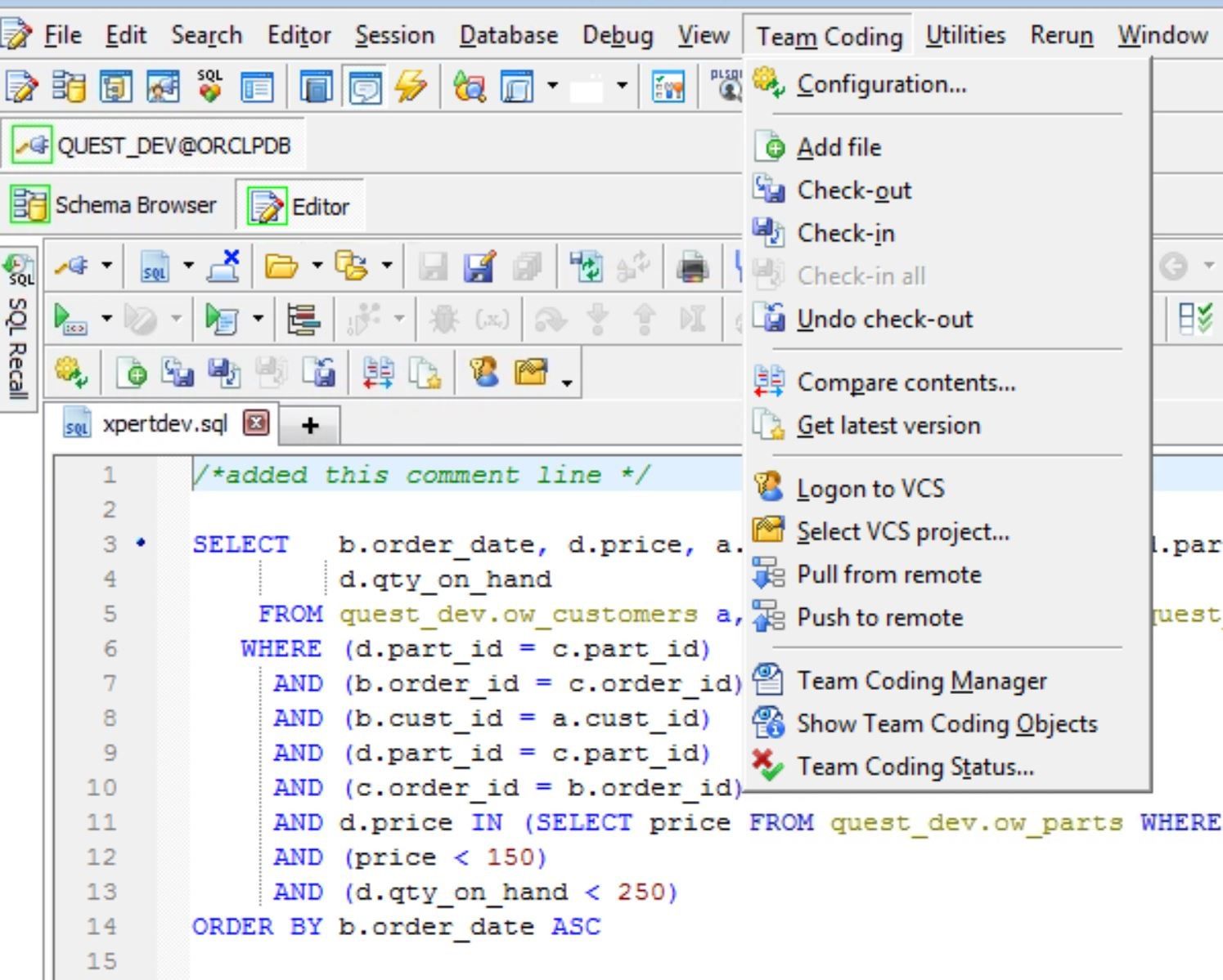 Screen shot of Toad for Oracle Team coding drop down menu