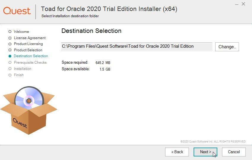 Selecting Directory in which to install Toad for Oracle.