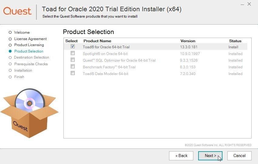 Figure 9. Toad for Oracle Product Selection.