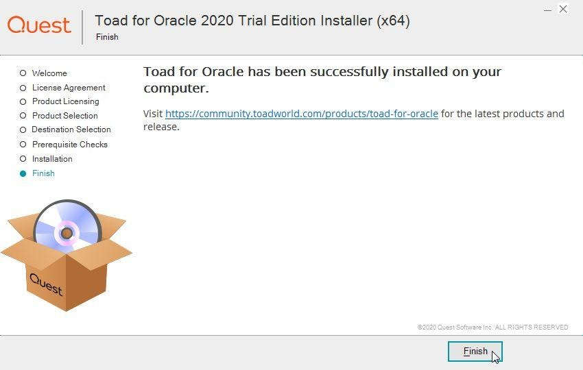 Toad for Oracle installation completed successfully.