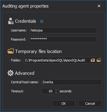 In the Agent properties form, provide a valid Windows administrator name and password.