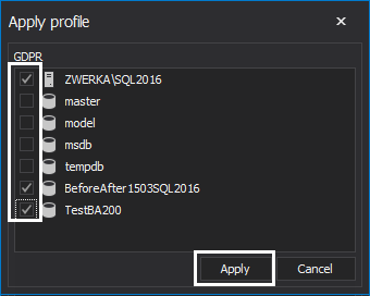 In the Apply profile form we can choose to apply the selected GDPR template on both the SQL Server level, as well as on the database level.