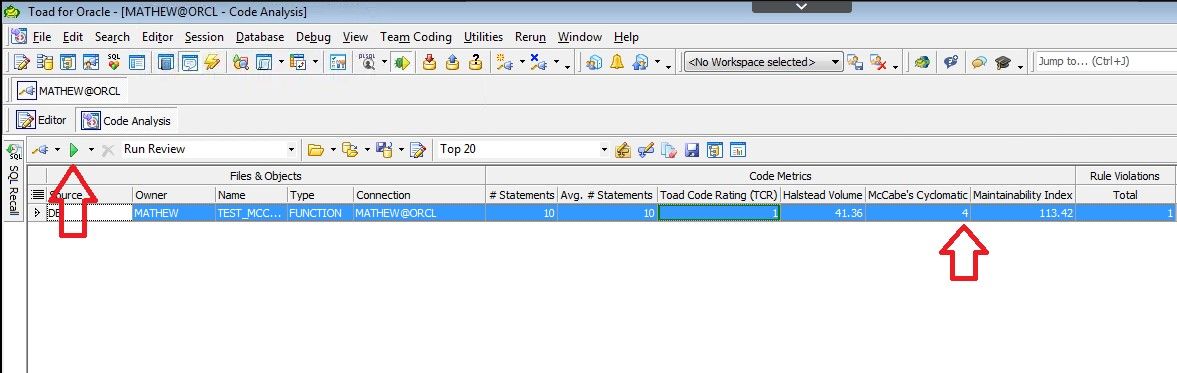 Screen shot Toad for Oracle Code Analysis, McCabe Cyclomatic metric is 4.