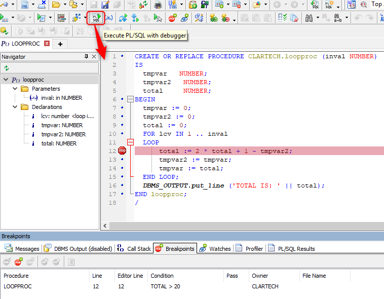 Once the breakpoint is established, we execute the code by clicking on the Execute PL/SQL with debugger icon.