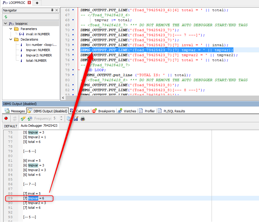 double-click on the variable inside the Auto Debugger tab and in this way the place where the variable is referenced is highlighted in the PL/SQL code.