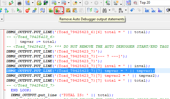 To disable the Auto Debugger and remove all the tags from our code, click on the Remove Auto Debugger output statements icon. 