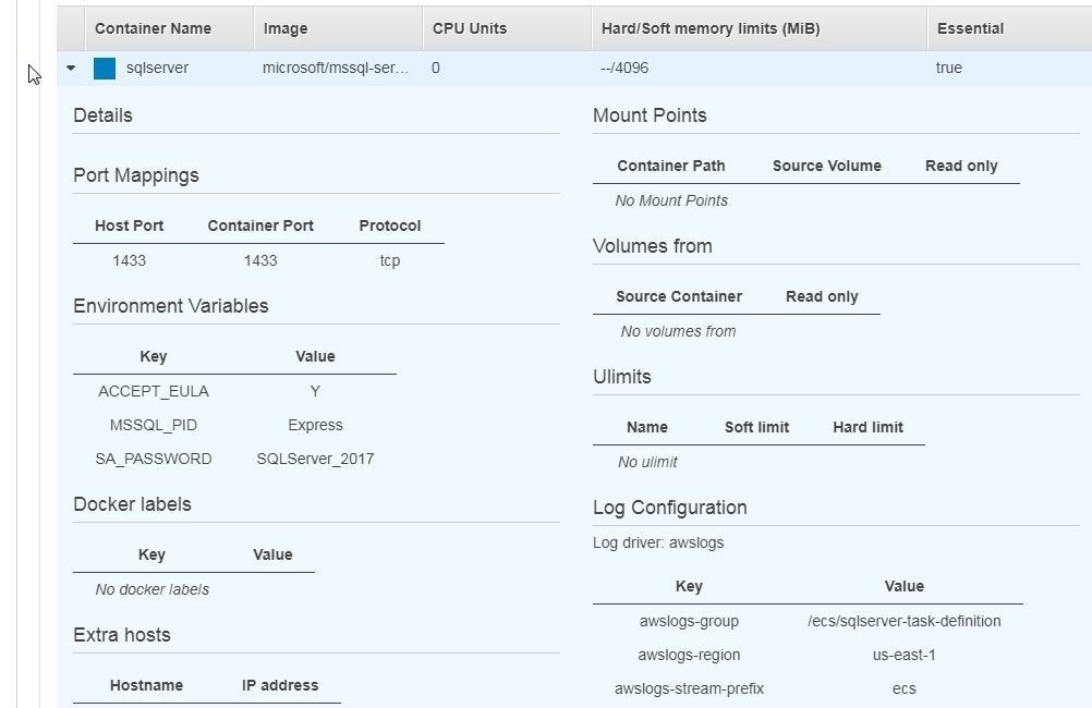 Figure 11. Task Definition Details to Container Definition