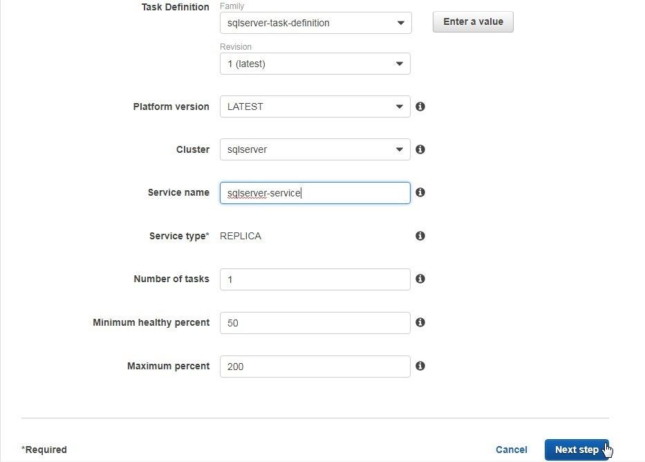 Figure 18. Specifying Service name, number of tasks and other configuration