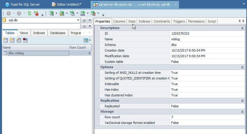 Figure 24. Database Explorer with dbo.wlslog Table Selected