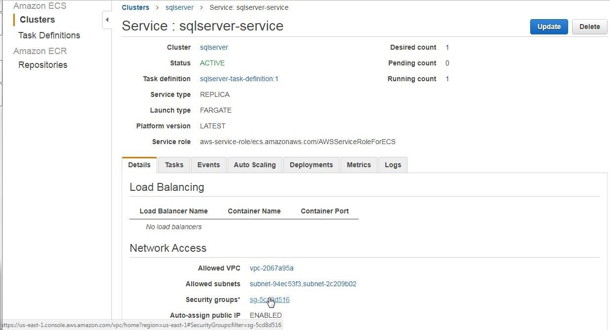 Figure 28. Clicking on the Security group link on the service detail page to allow TCP access
