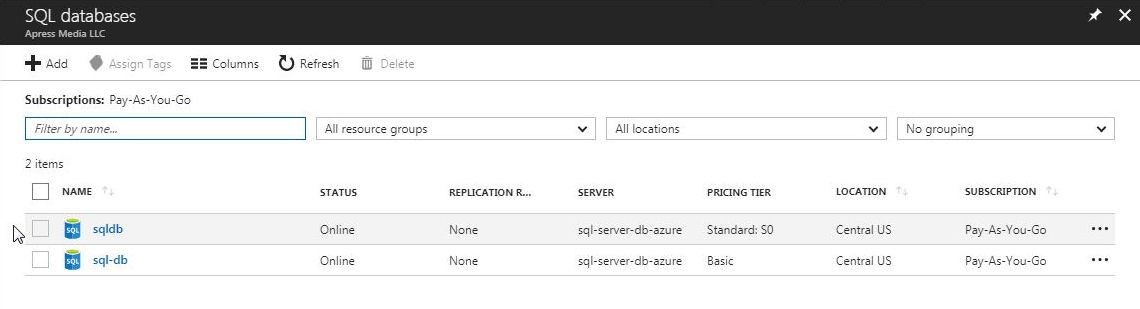 Figure 37. The new database is listed in the Azure SQL database service
