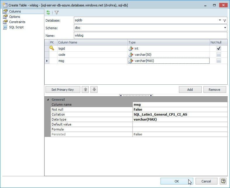 Figure 40. Creating the wlslog table in the sqldb database