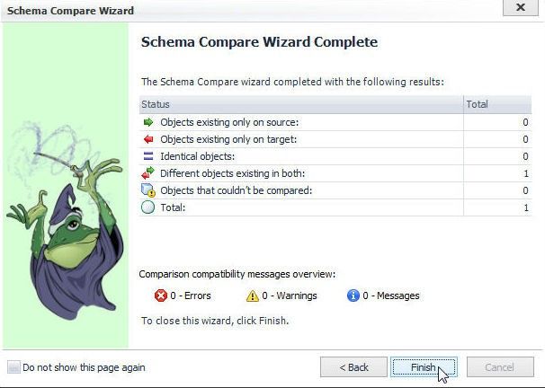 Figure 55. Notification that Schema Compare Wizard is Complete. Click on Finish