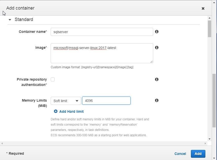 Figure 7, how to specify the container name and Docker image in the Add Container windo