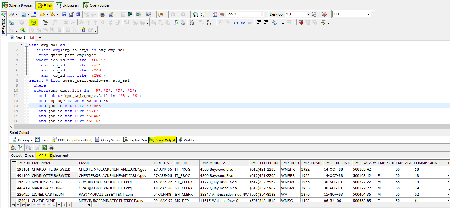 No matter how complex your query is, you can run it and see the resulting data grid within Toad for Oracle.