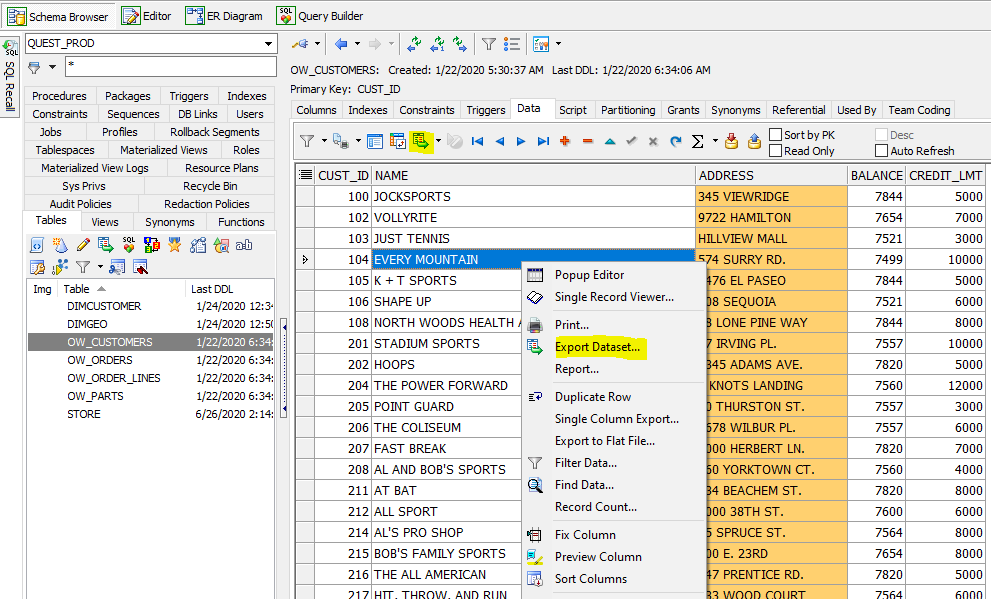Within the data grid, you can right-click and select from the menu Export Dataset.