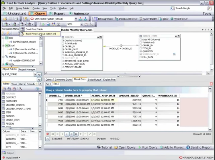 Toad Data Point Microsoft Excel Reports