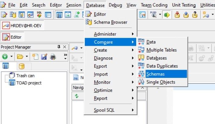 The Compare Schemas tool is found in the main menu Database > Compare > Schemas.