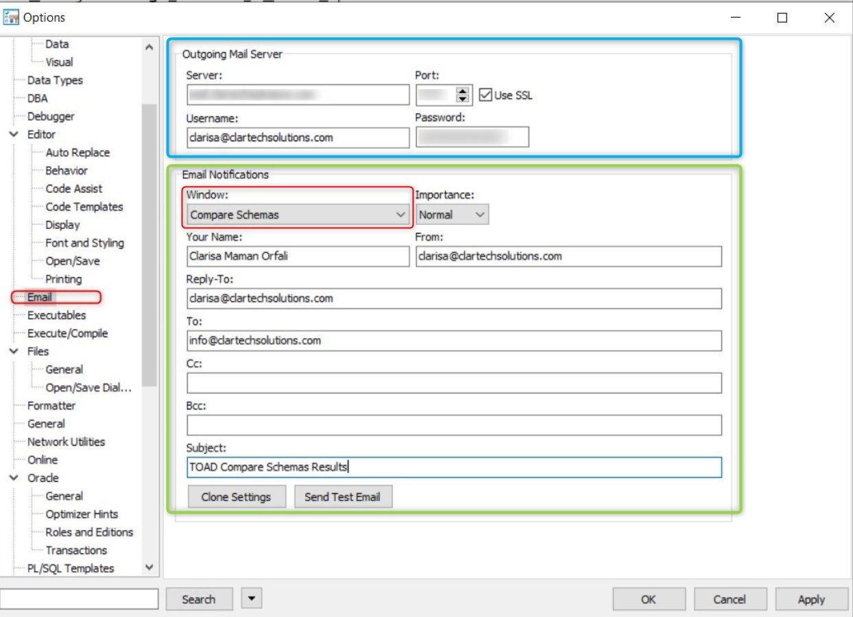 In the pop-up window enter the email configuration data in the Outgoing Mail Server section and in the Email Notifications section select Compare Schemas from the Window selection list.